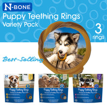 N-Bone Puppy Teething Rings Variety Pack with a dog on a blue background