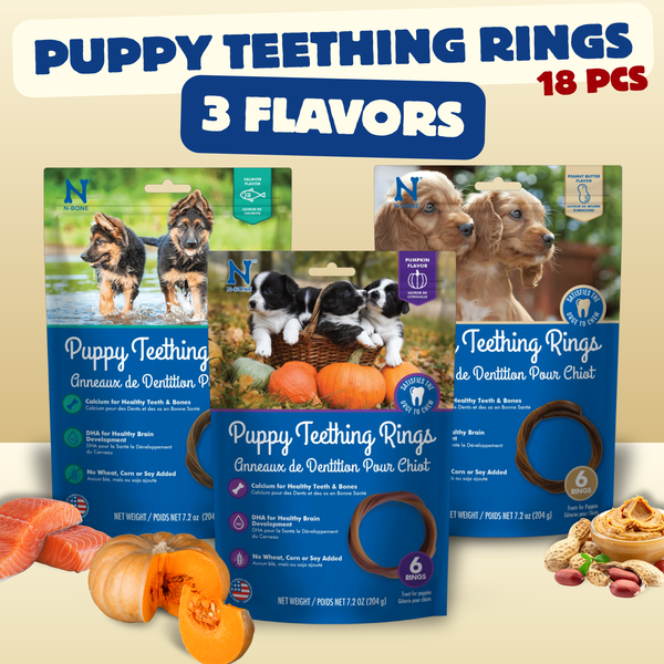 N-Bone® Puppy Teething Rings Variety Pack - Salmon, Peanut Butter & Pumpkin (3 Bags, 18 Count)