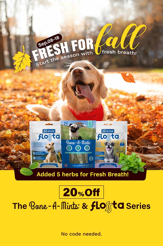 Dog with flopta and Bone-A-Mints products in an autumn setting with promotional text.