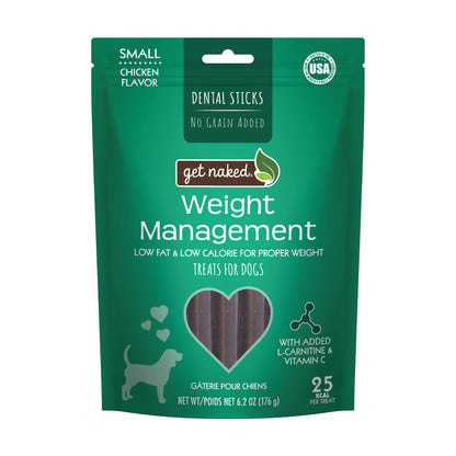 Green package of 'get naked' weight management dental sticks for dogs on a white background