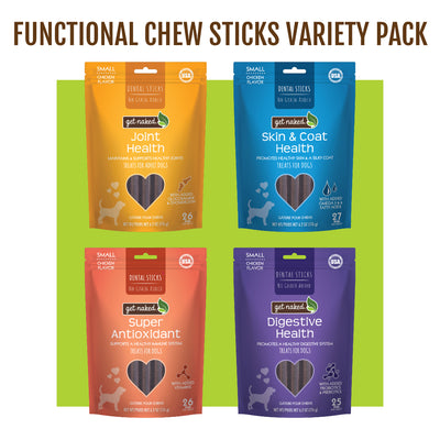 Get Naked® Dog Dental Chew Small Sticks Variety Pack, Joint + Skin + Digestive + Antioxidant Health - Total 4 Bags, 24.8-oz, 64 Sticks