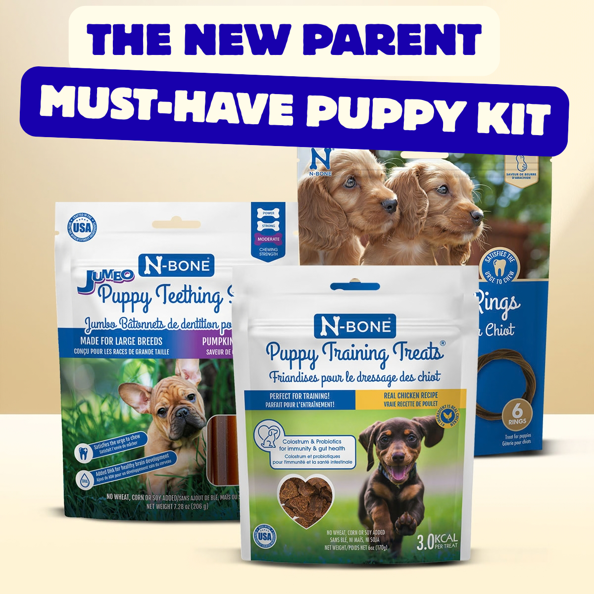 N-Bone® New Puppy Parent Essentials Kit, Medium/Large Breeds - Puppy Teething Rings, Treats & Sticks (3 bags)