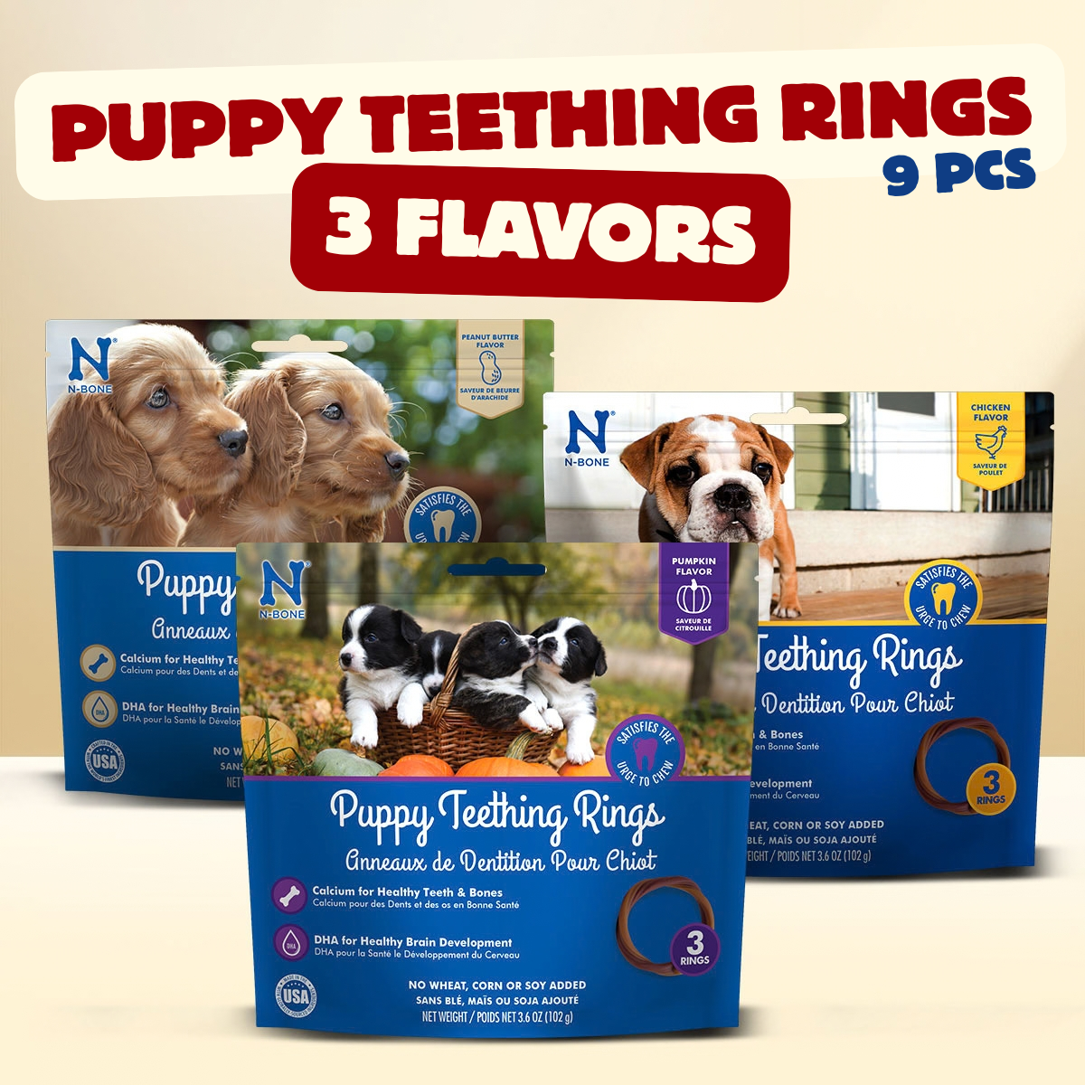 N-Bone® Puppy Teething Rings Variety Pack - Chicken, Peanut Butter & Pumpkin (3 Bags, 9 Count)