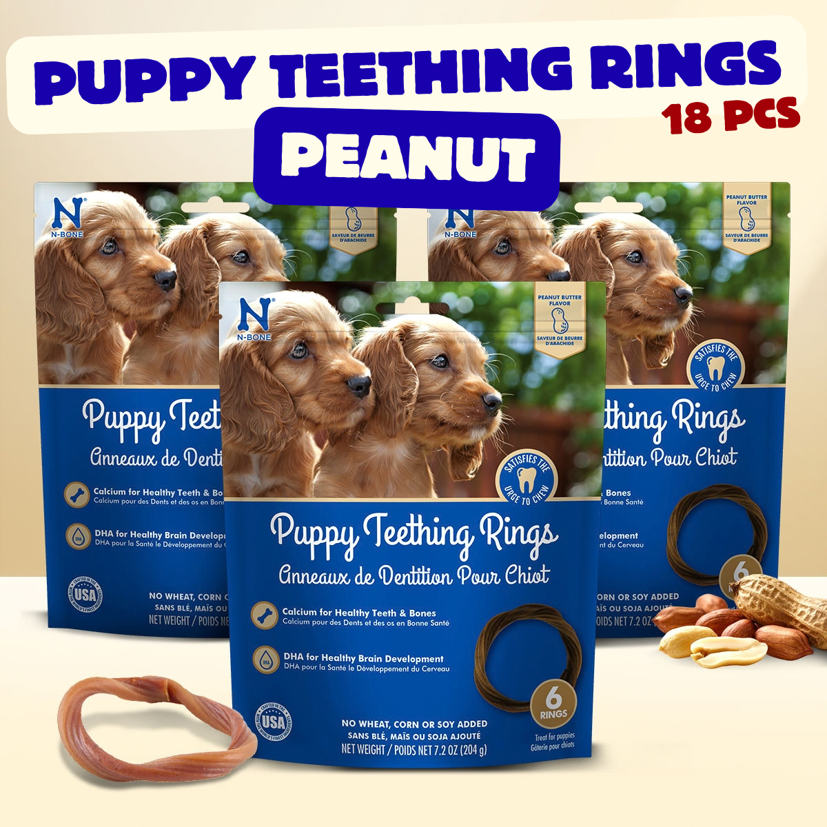 N-Bone® Puppy Teething Rings Value Pack - Peanut Butter Flavor (3 Bags, 18 Count)