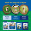 Dog product packaging for different age groups with images of dogs and text on a blue and green background.