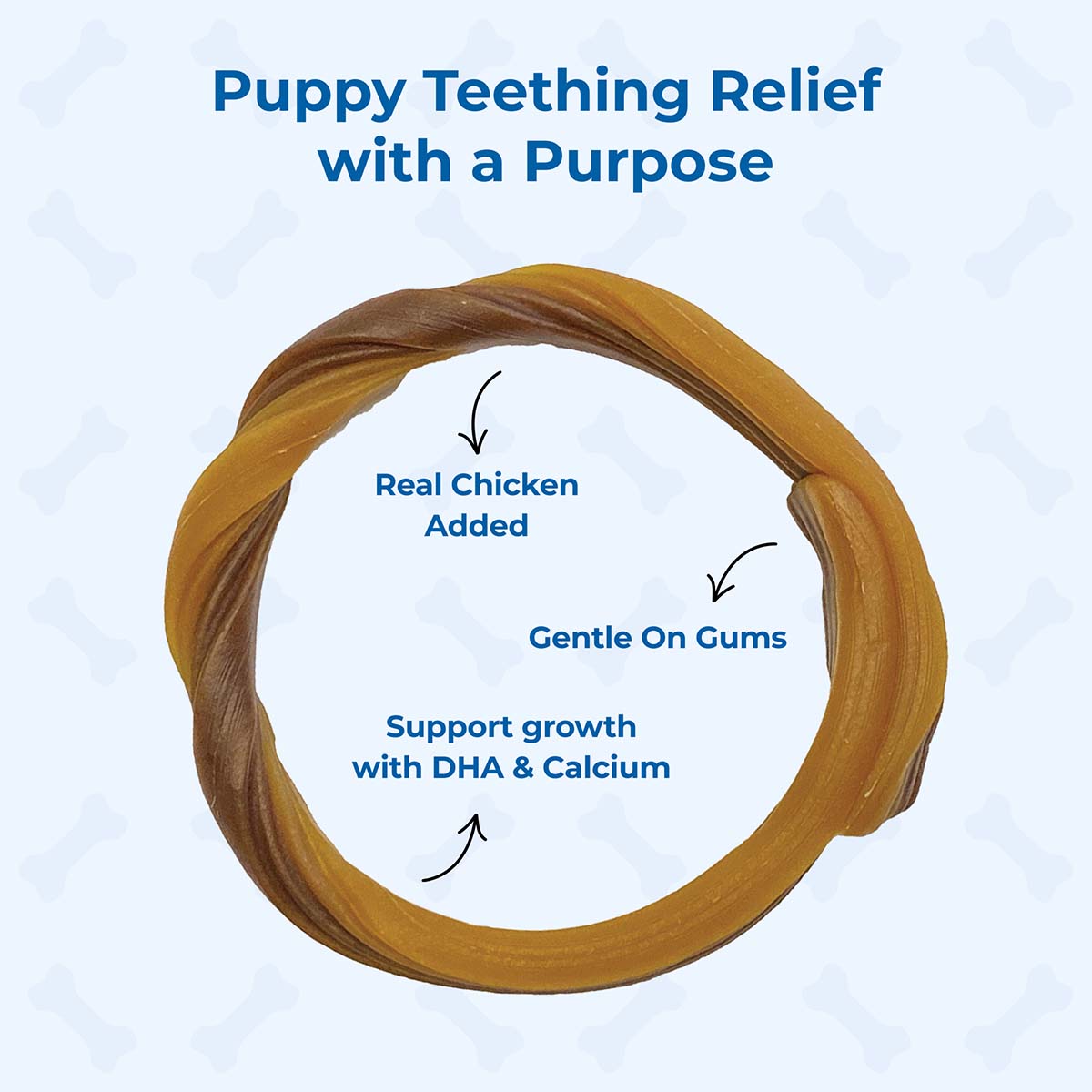 Puppy teething relief product with text on a light blue background