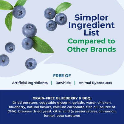 Advertisement for a grain-free blueberry and BBQ product with blueberries and leaves on a blue and white background.