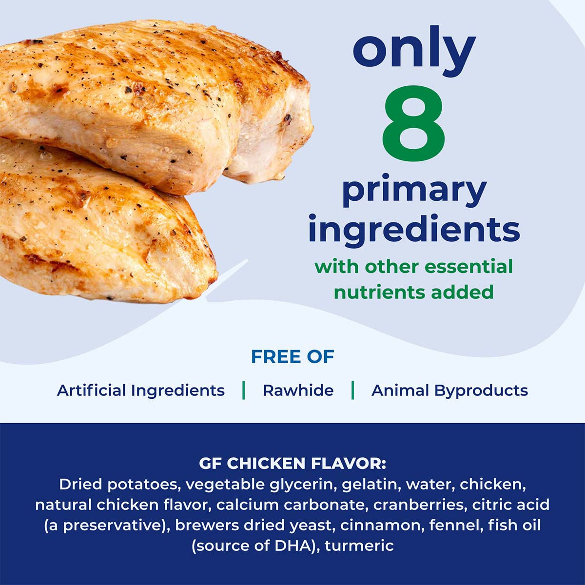 Chicken product with text about ingredients on a blue and white background