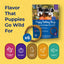 Puppy teething rings packaging with flavors displayed on a yellow background