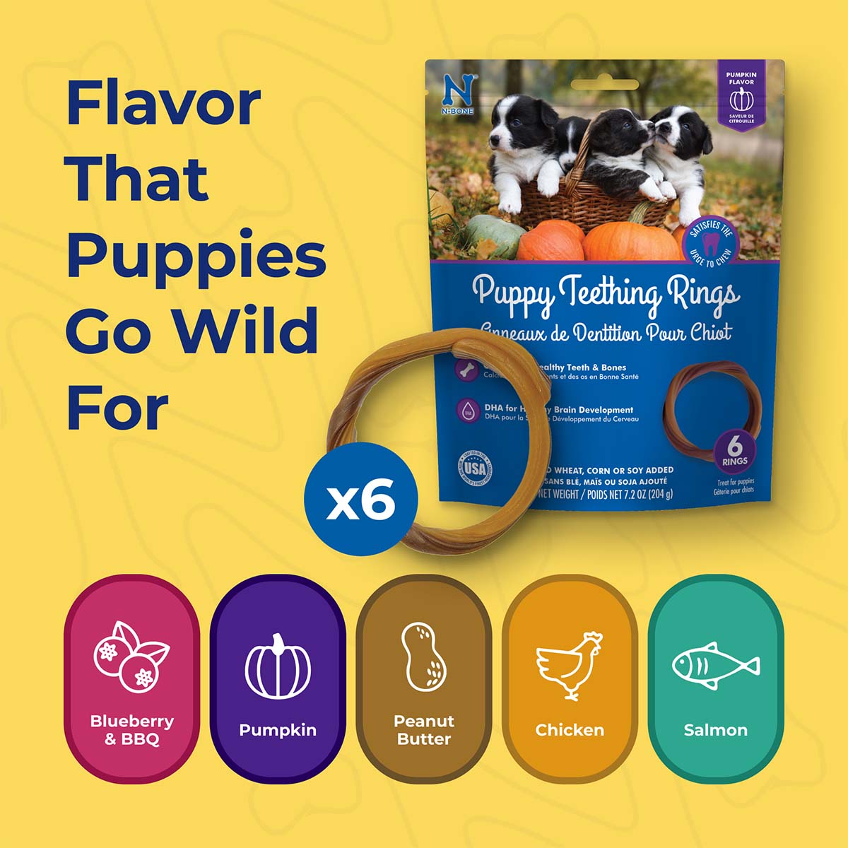 Puppy teething rings packaging with flavors displayed on a yellow background