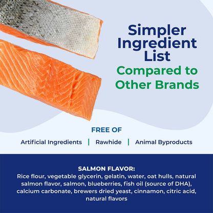 Product label with salmon flavor information and ingredient list on a blue and white background