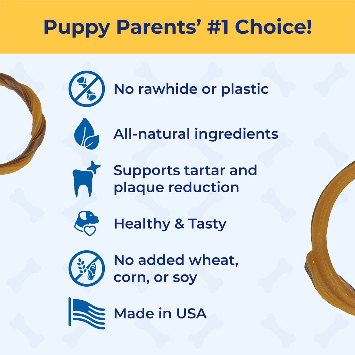 Product label with features for pet treats, including 'No rawhide or plastic', 'All-natural ingredients', and 'Made in USA'.