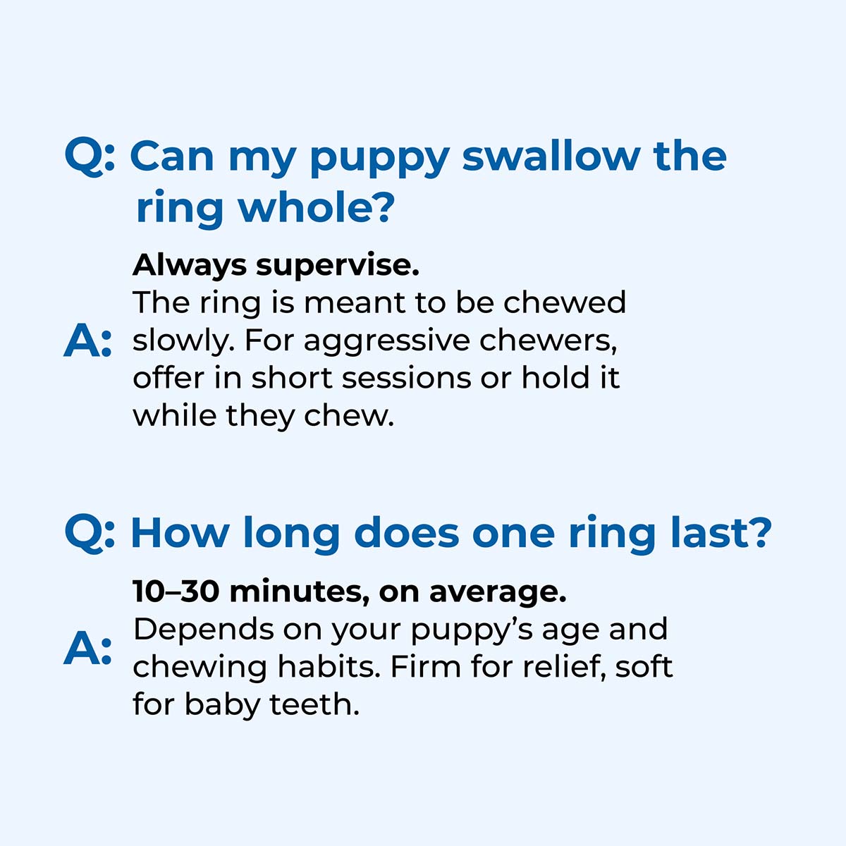 Text answering questions about a dog chew ring on a blue background