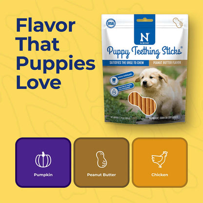 Puppy teething sticks packaging with flavor options on a yellow background