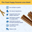 Dog treat packaging with text highlighting features and benefits on a white background.