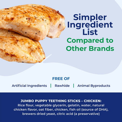 Chicken product with text about ingredient list and benefits on a blue and white background