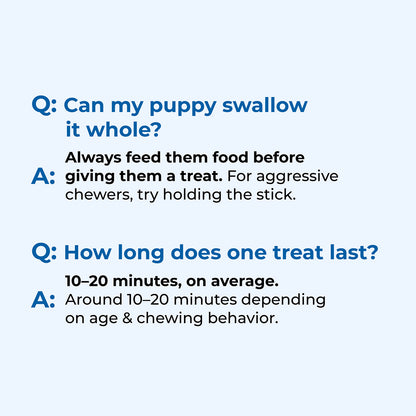 Text-based Q&A about feeding a puppy with a treat, on a light blue background.