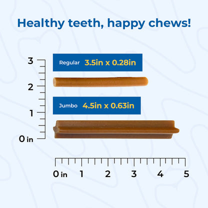 Comparison of regular and jumbo sizes of a chew product with a ruler on a blue background.