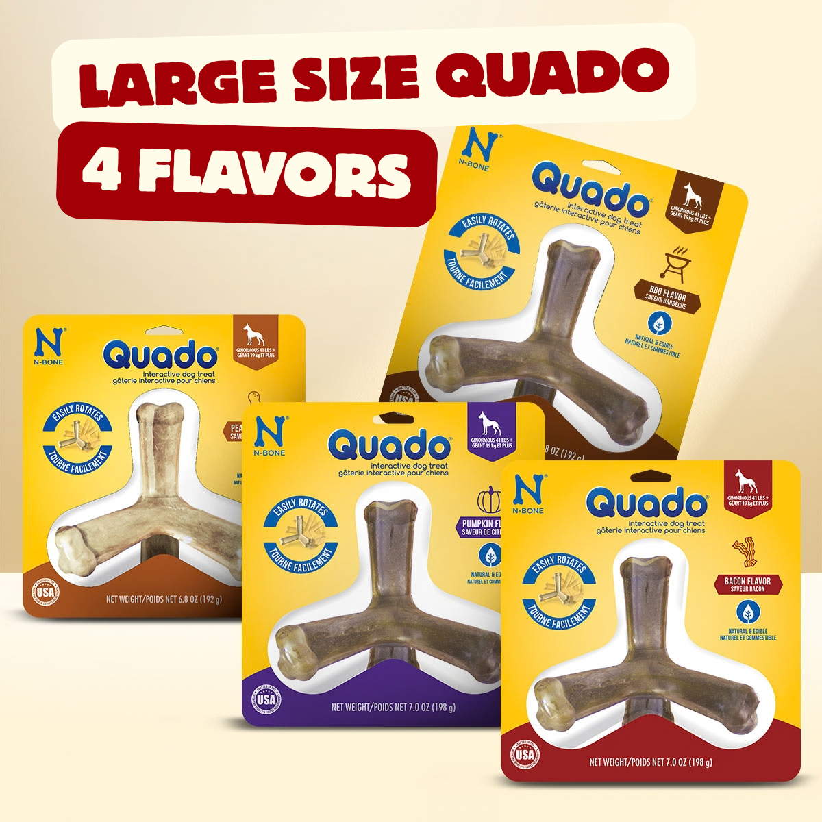 N-Bone® Quado® Interactive Dog Bone Chew Ginormous Variety Pack - Peanut, Pumpkin, BBQ & Bacon (4 Bags)