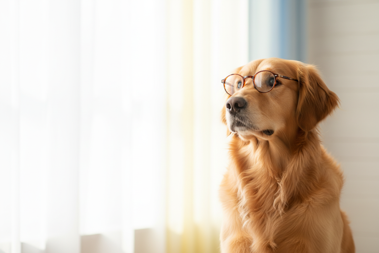 a dog wearing glasses with a light and bright background, put the dog further on the right
