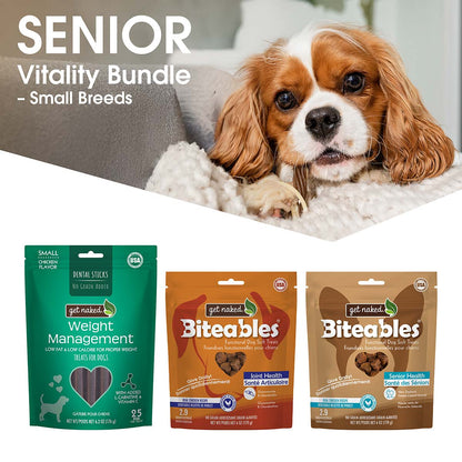 Get Naked® Senior Vitality Bundle –  Small Breeds, Senior Health Functional Dog Soft Treats + Joint Health Functional Dog Soft Treats + Weight Management Dog Dental Chew Sticks