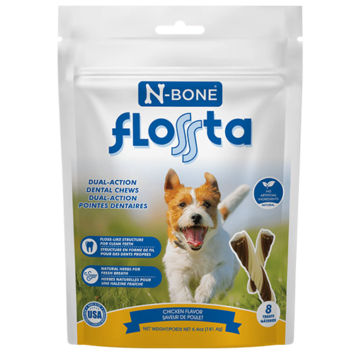 N-Bone Flosta dual-action dental chews packaging with a dog on a white background