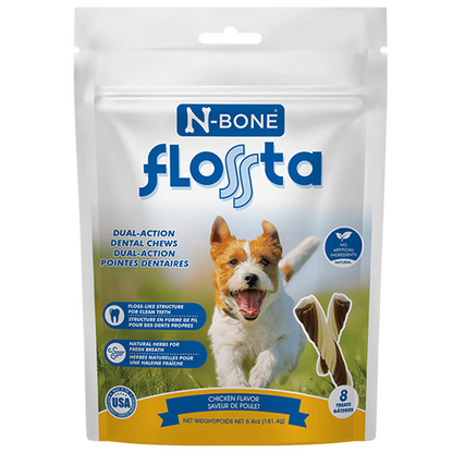 N-Bone Flosta dual-action dental chews packaging with a dog on a white background