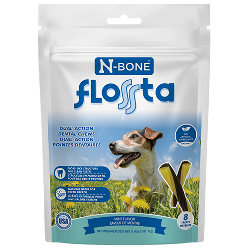 N-Bone Flosta dog chew packaging with a dog on a grassy field