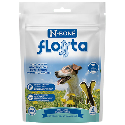 N-Bone Flosta dog chew packaging with a dog on a grassy field