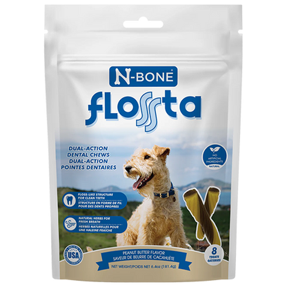 N-Bone Flosta dual-action dental chews packaging with a dog on a white background