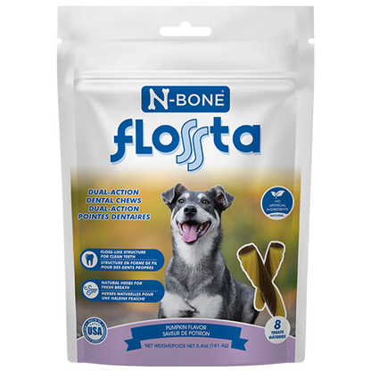 N-Bone Flosta dual-action dental chews packaging with a dog on a white background