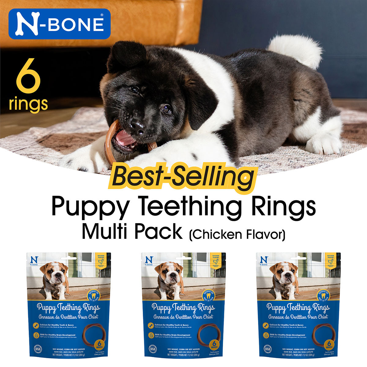 N-Bone® Puppy Teething Rings Chicken Flavor, Dried Chews for Dogs, 6-count Bag x 3, Value Pack - Natural Puppy Chew Toys Alternative for Teething Discomfort - for Dogs of All Sizes