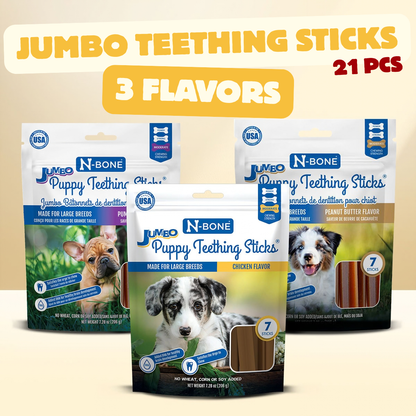 N-Bone® Jumbo Puppy Teething Sticks Variety Pack - Chicken, Peanut Butter & Pumpkin Flavor (3 Bags, 21 sticks)
