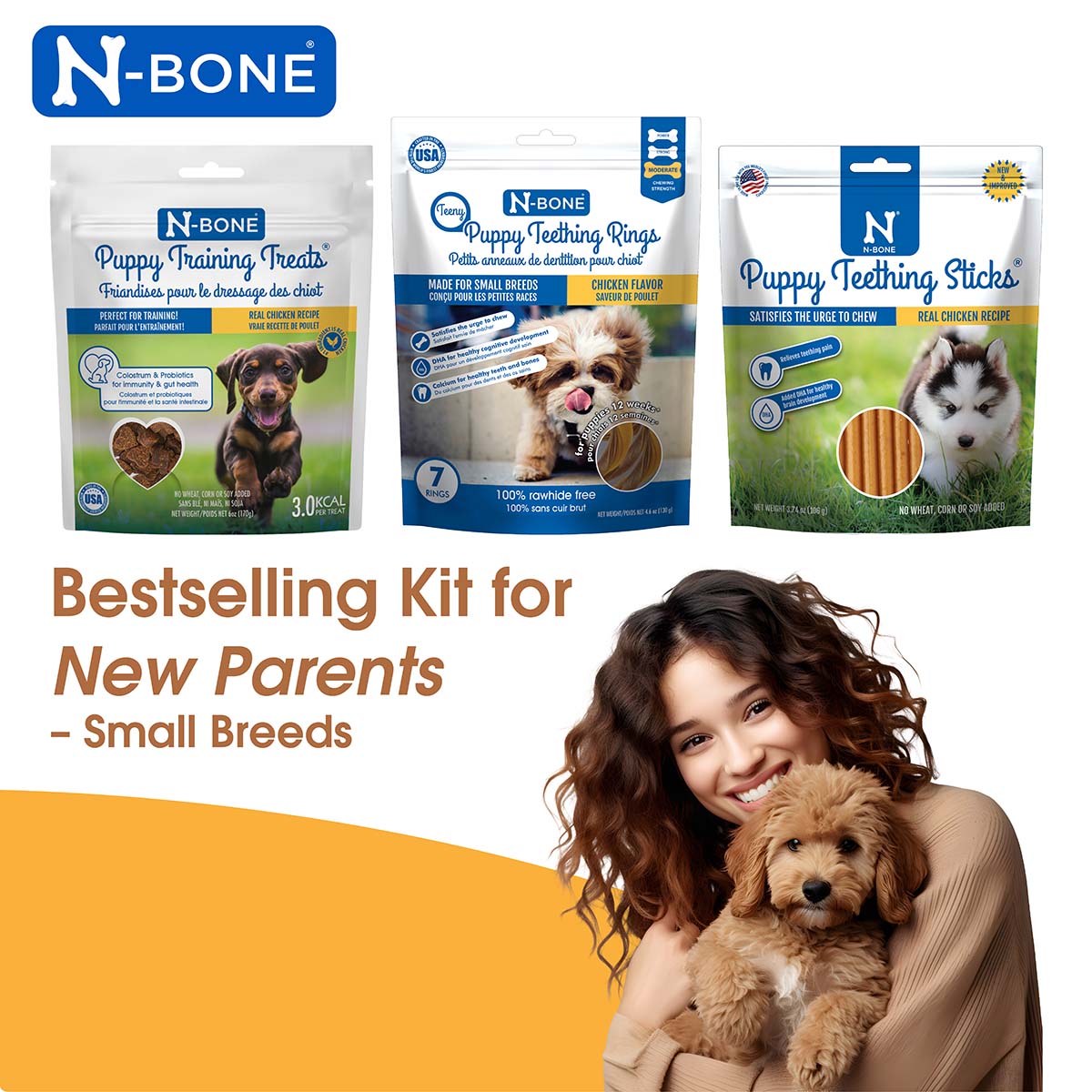 N-Bone® Bestselling Kit for New Parents – Small Breeds, Teeny Puppy Teething Rings + Puppy Trainning Treats + Puppy Teething Sticks, Total 3 bags