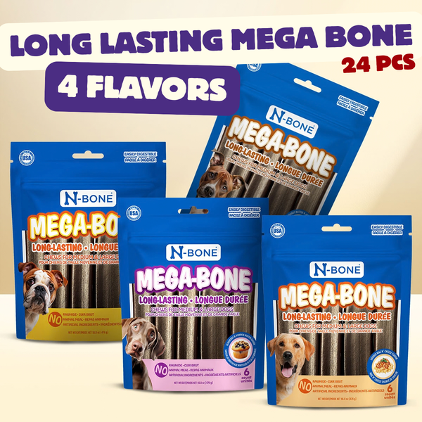 N-Bone® Mega-Bone Chew Variety Pack - Cheeseburger, PB&J, Mac n' Cheese & Blueberry Pumpkin Muffin (4 Bags, 24 Counts)