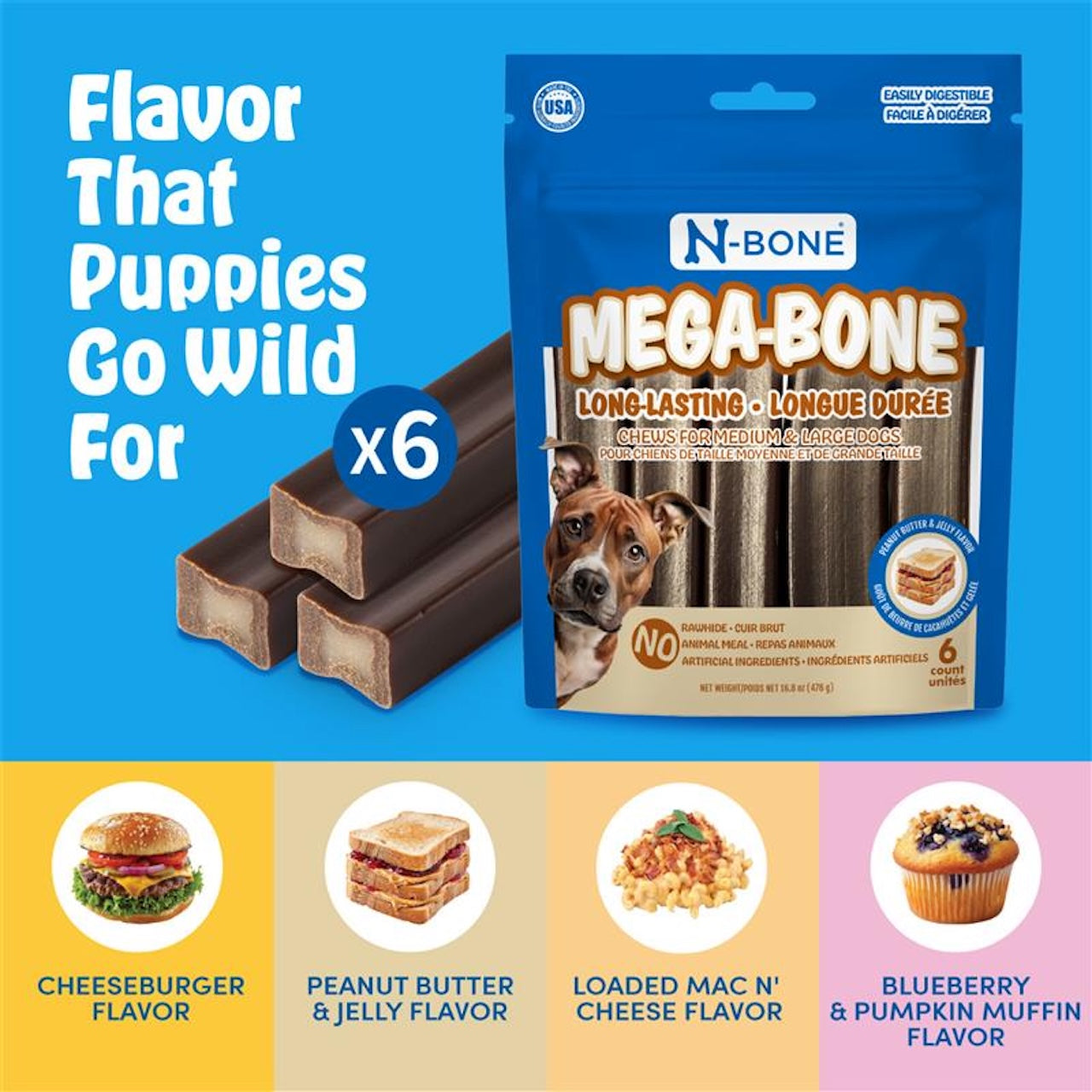 N-Bone® Mega-Bone  Long-Lasting Chew Cheeseburger Flavor 6 count