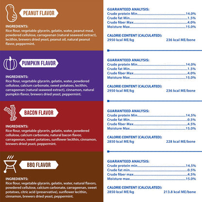 Product flavor information card with ingredients and guaranteed analysis for peanut, pumpkin, bacon, and BBQ flavors.