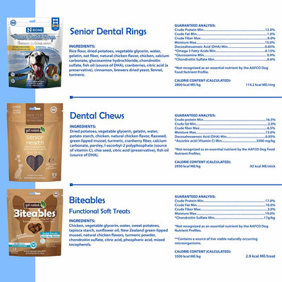 Senior Dental Care Pack –  Md/Lg Breeds , Senior Dental Rings Chicken Flavor+ Senior Health Dental Dog Chew Sticks + Senior Health Functional Dog Soft Treats, Total 3 bags