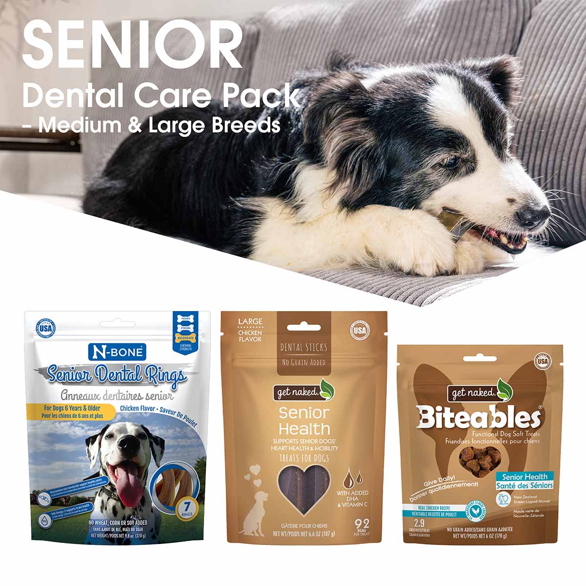 Senior Dental Care Pack –  Md/Lg Breeds , Senior Dental Rings Chicken Flavor+ Senior Health Dental Dog Chew Sticks + Senior Health Functional Dog Soft Treats, Total 3 bags