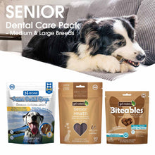 Dog lying on a couch with senior dental care products displayed below.