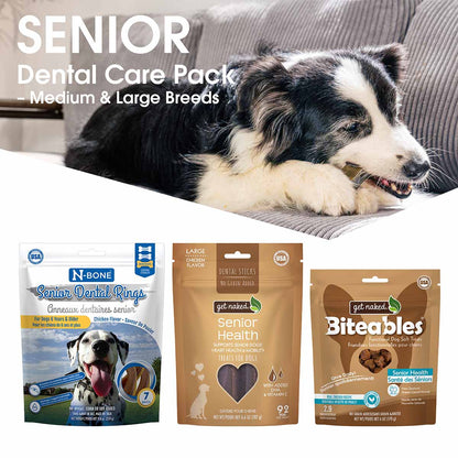 Dog lying on a couch with senior dental care products displayed below.